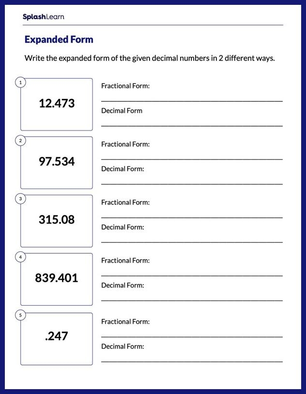Decimals in Expanded Form worksheet designed for fifth graders to enhance their number sense