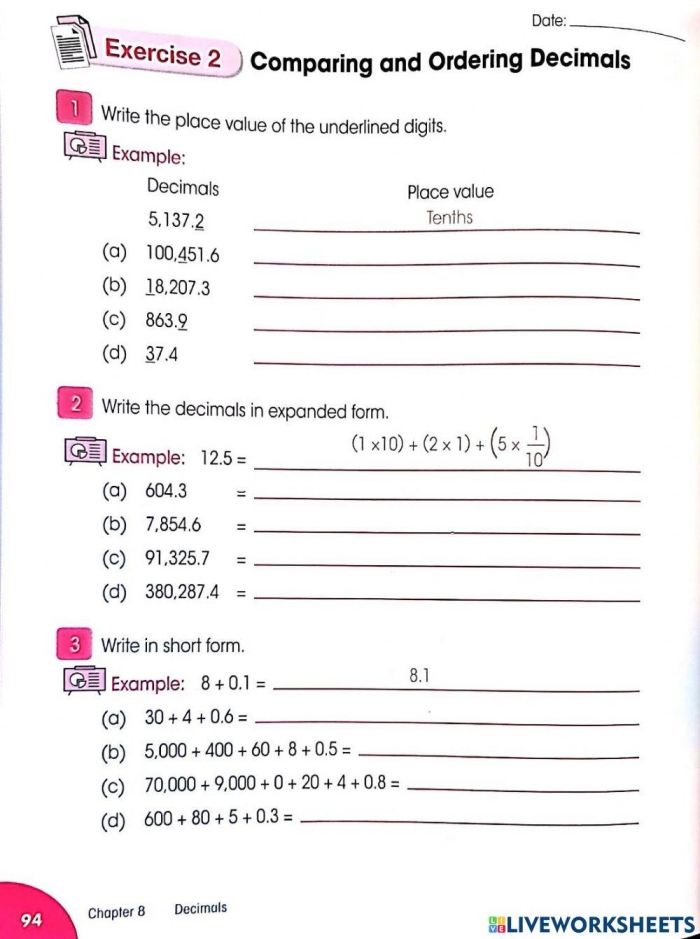 Decimals in Expanded Form worksheet for fifth-grade addition practice