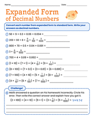Decimals in Expanded Form worksheet for fifth-grade students focusing on addition concepts