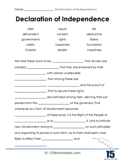 Coloring page for young learners about the Declaration of Independence and American heritage, image 8 Second grade worksheet featuring the Declaration of Independence for coloring and learning about national symbols