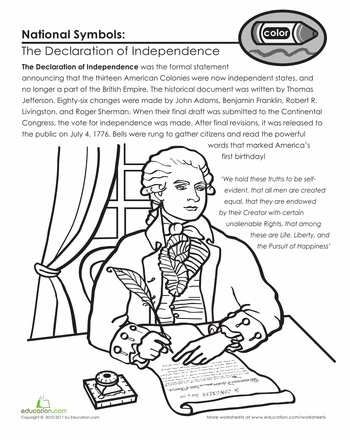 Coloring worksheet for kids exploring the Declaration of Independence and American heritage number 23 Second Grade worksheet on National Symbols focused on the Declaration of Independence with coloring activities