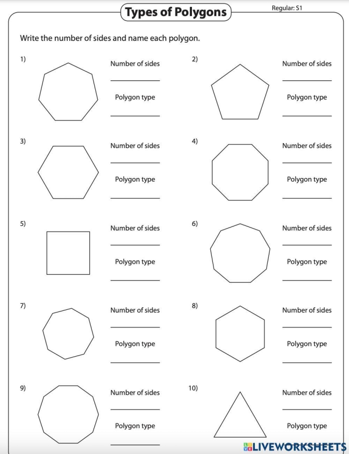 Worksheet featuring polygons for geometry practice