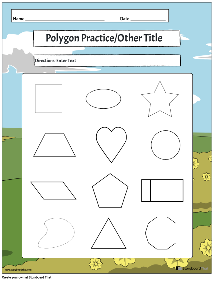 Worksheet featuring a geometry word puzzle focused on identifying and describing various polygons like pentagons