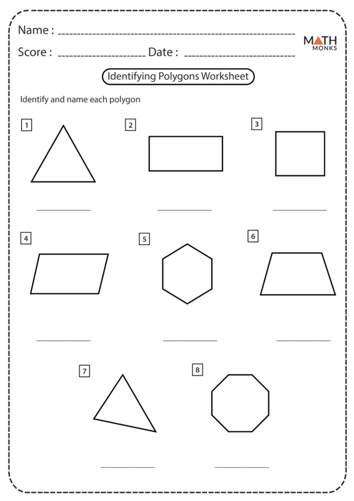 Worksheet featuring a geometry word puzzle for identifying and describing polygons like pentagons