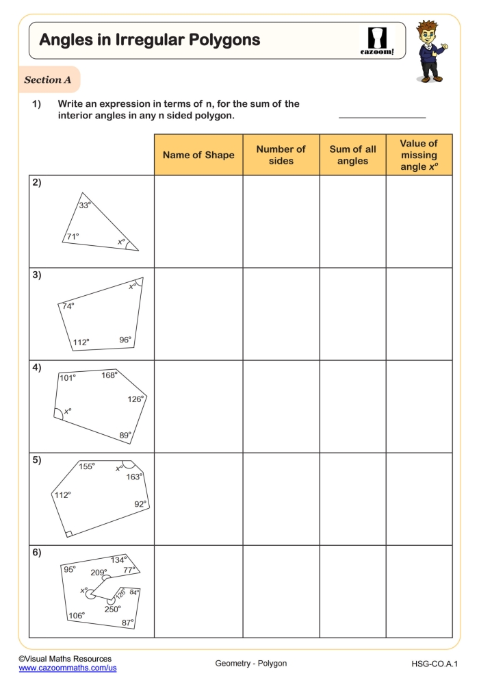 Worksheet featuring polygon identification and description exercises for geometry students