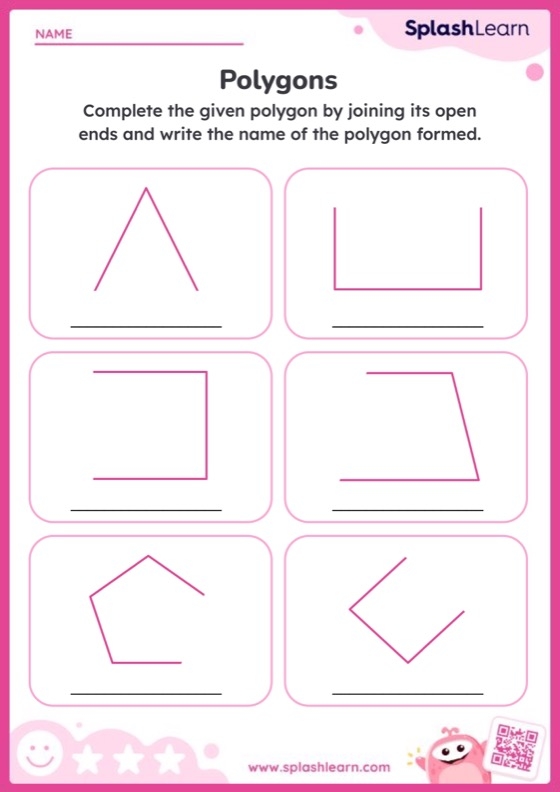Worksheet for identifying and describing various polygons including pentagons