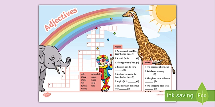 Second Grade phonics worksheet featuring an adjectives crossword puzzle to enhance descriptive vocabulary