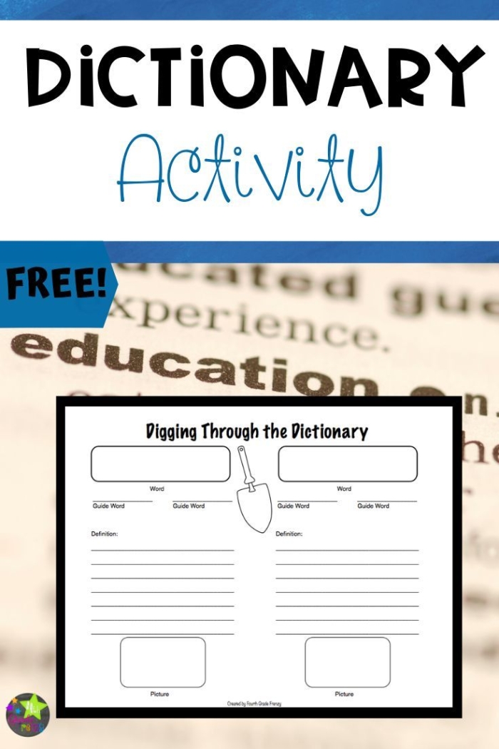 Second grade student learning to identify and use dictionary entry components including words, definitions, and guide words on a practice worksheet