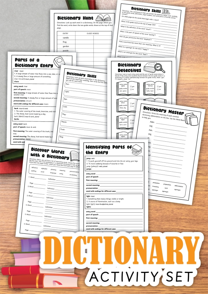 Second grade students learning dictionary entry components with guide words, definitions, and word examples