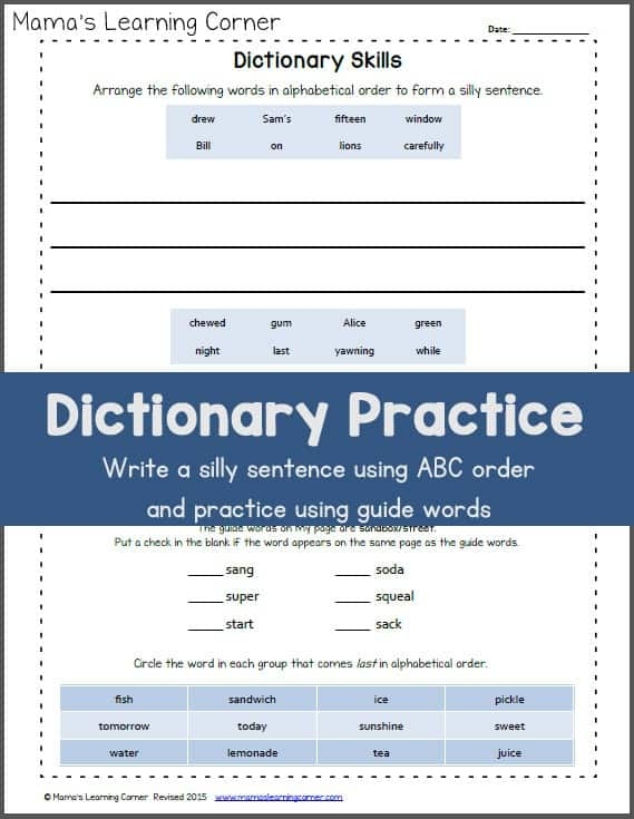 Second grade student learning dictionary entry parts with labeled examples and practice exercises