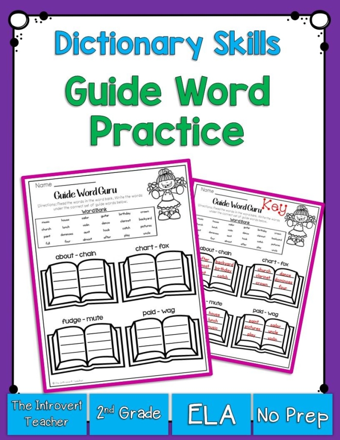 Second grade students learning dictionary entry components with guide words and word definitions