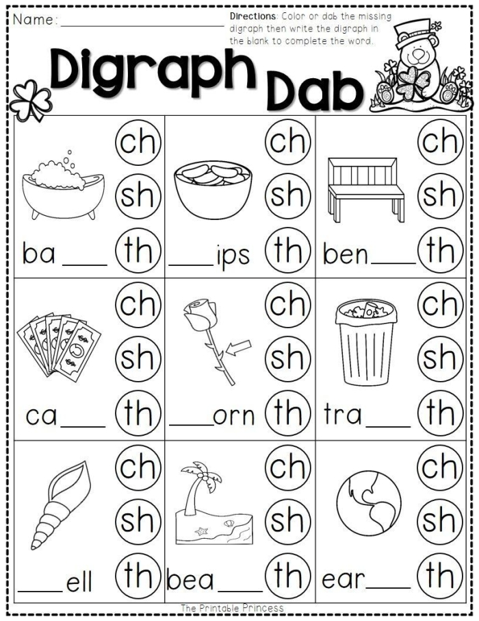 Practice worksheet for Digraphs Two as One 1 focusing on filling in missing digraphs in words Second Grade worksheet page showing exercises on completing words with digraphs like sh and ch