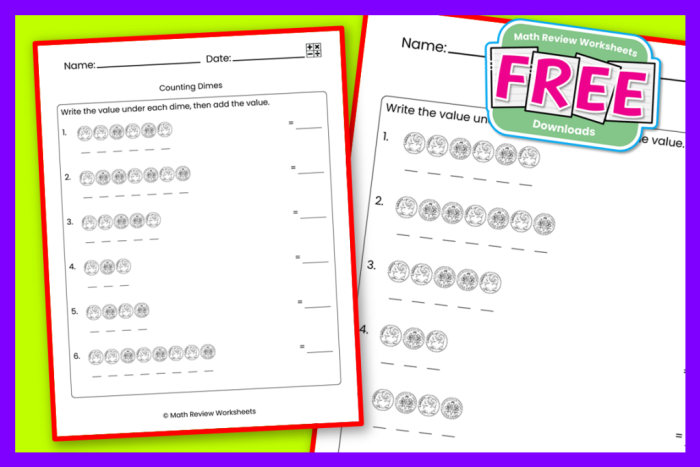 Counting dimes and writing cents practice for young learners worksheet 11 First grade worksheet showing dimes to count and write their total value in cents