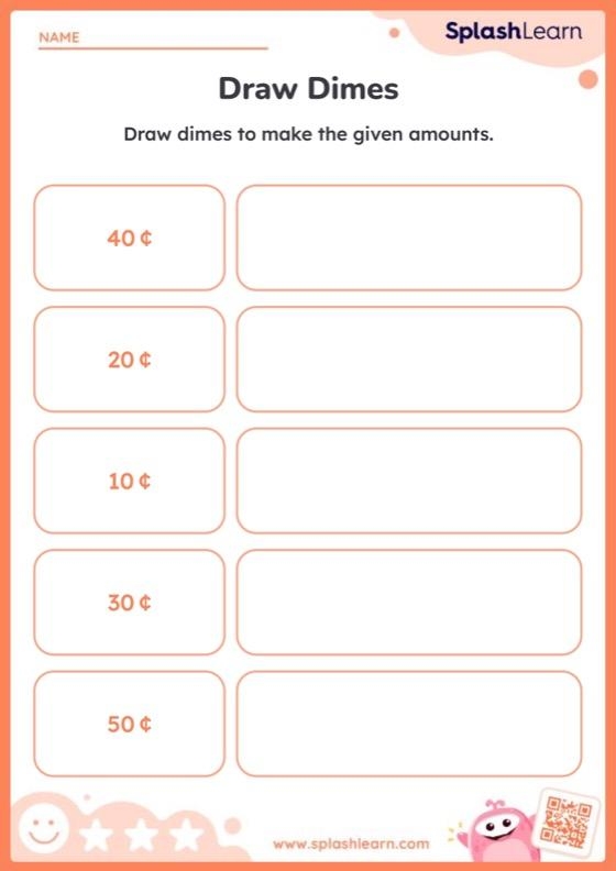 First Grade worksheet featuring dimes for counting and skip-counting practice