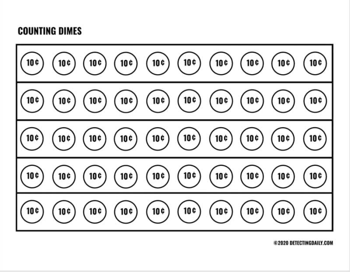Counting dimes and writing cent values on a first grade handwriting worksheet number 9 First grade math worksheet showing dimes to count and write their value in cents