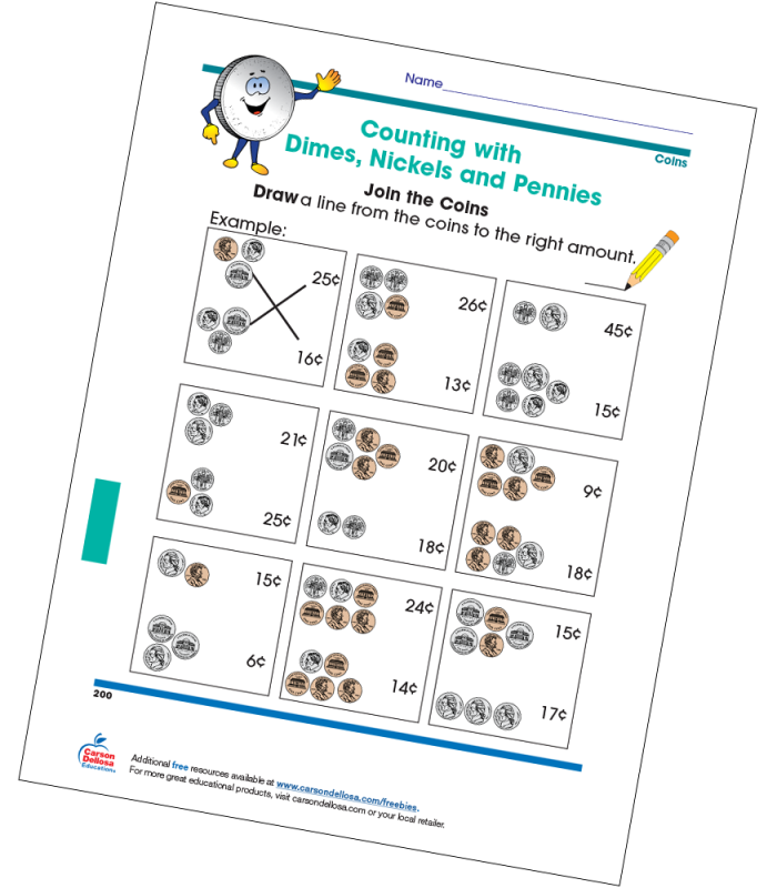Counting dimes and writing cents on a first grade handwriting worksheet number 12 First Grade math worksheet showing dimes to count and write their total value