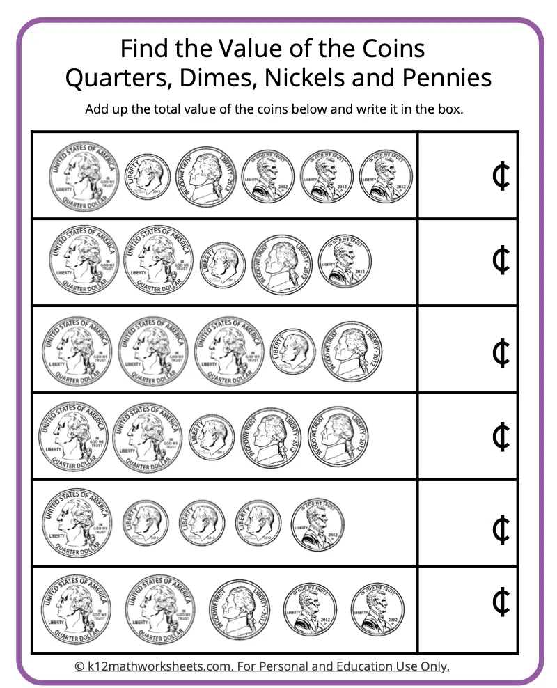 First Grade worksheet featuring a coin counting activity with dimes and numbers