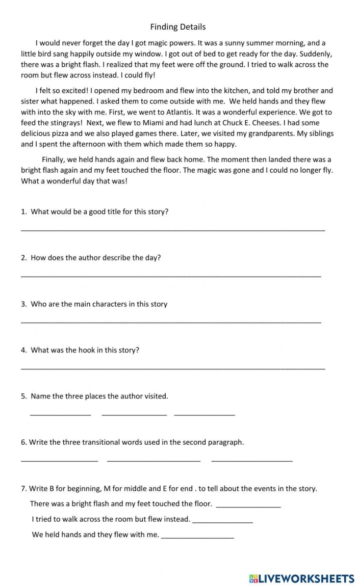 Worksheet image for identifying details in nonfiction texts for fourth graders Students analyzing adverbial phrases in the Discovering Details worksheet