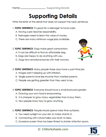 Worksheet image showcasing fourth graders identifying supporting details in writing Students analyzing adverbial phrases in a nonfiction text for a Discovering Details worksheet