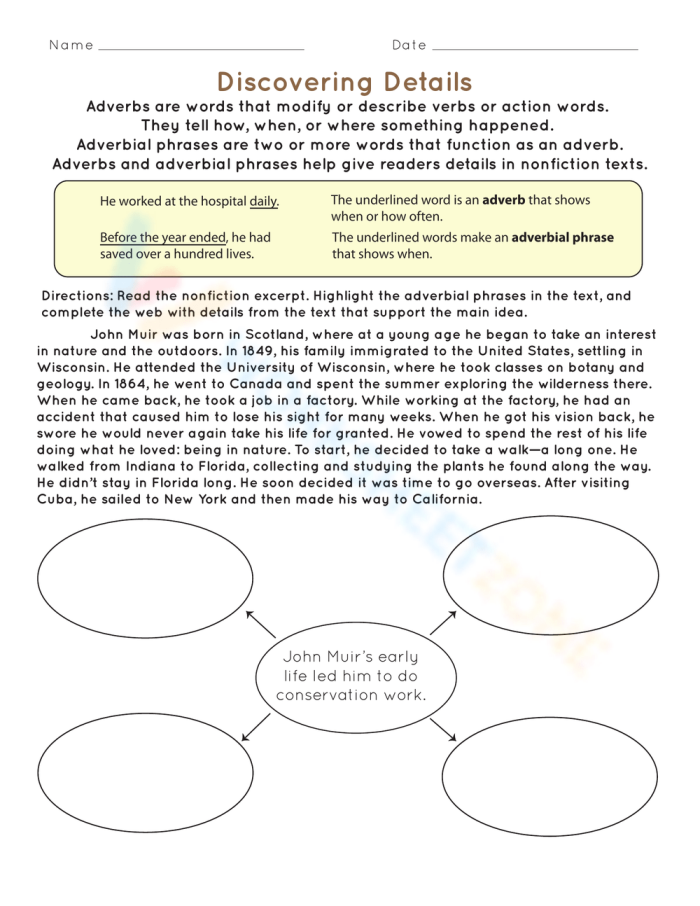 Writing worksheet for Fourth Grade Worksheet for fourth graders focusing on identifying adverbial phrases in nonfiction texts. Discovering Details worksheet for enhancing writing skills in fourth grade.