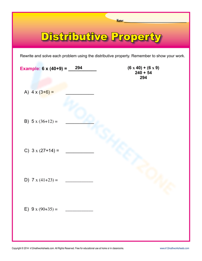 Engaging worksheet to enhance students' understanding of the distributive property in math Distributive Property word problems worksheet for third graders tackling multiplication challenges