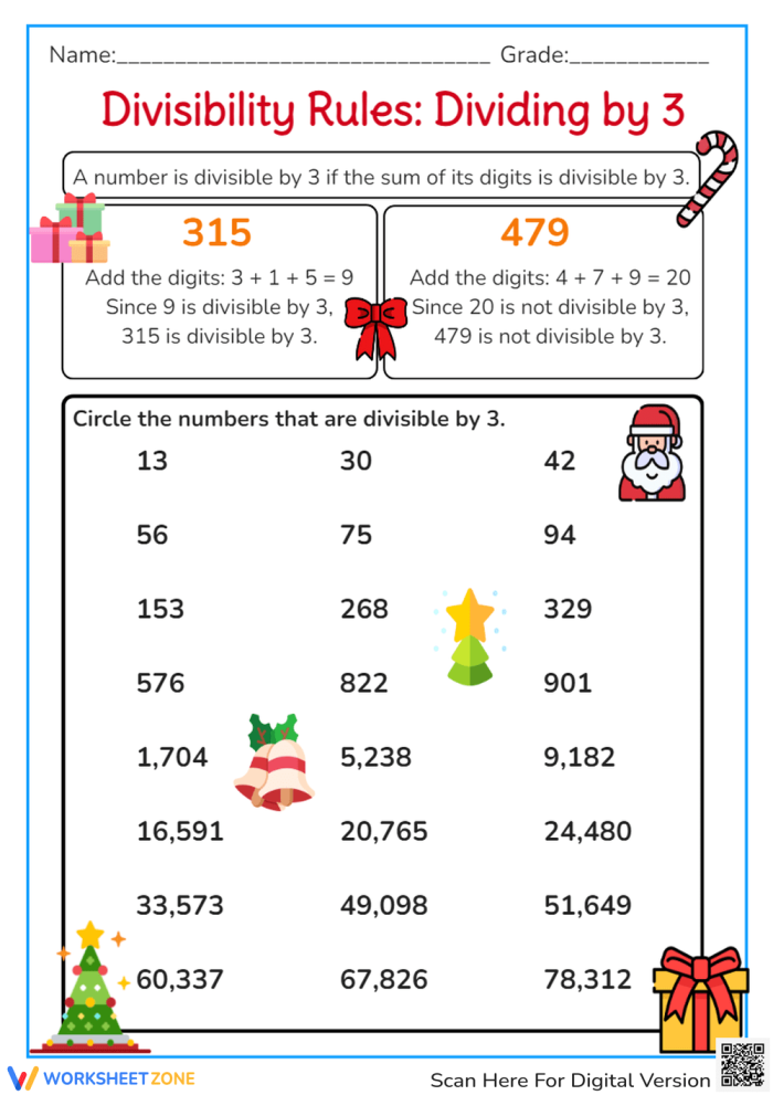 Fun worksheet designed to reinforce the concept of divisibility by 3 Divisibility rules practice worksheet focusing on dividing by 3 for third graders