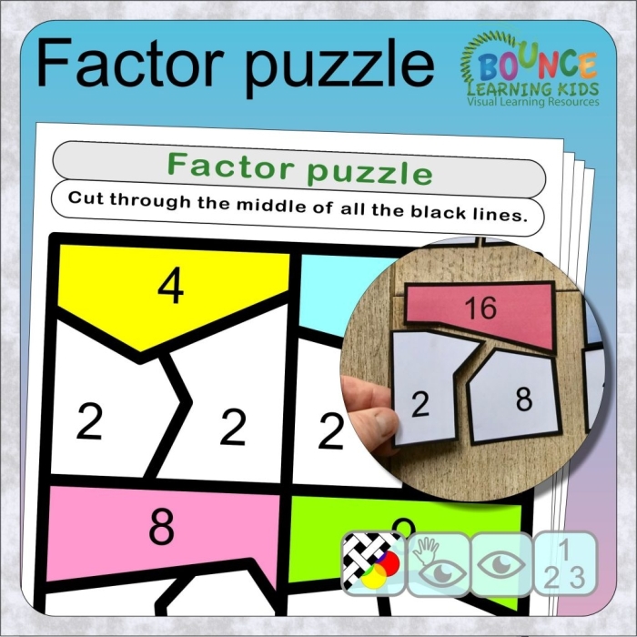 Division Factor Fun worksheet for third graders with geometric illustrations