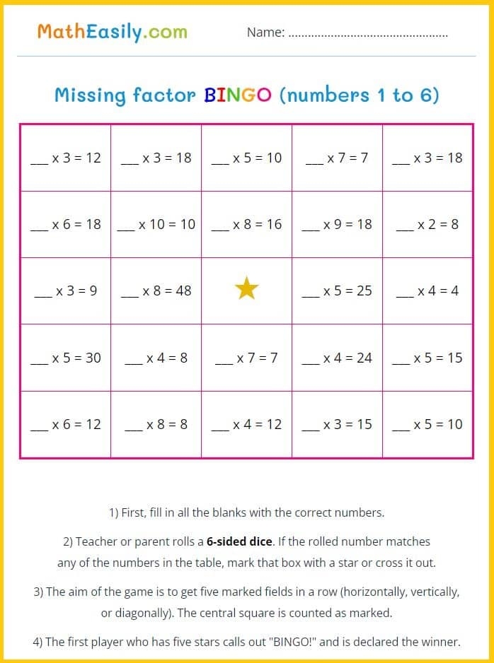 Division worksheet focusing on multiplication strategies for third graders. Factor Fun worksheet exercise illustrating division as multiplication.
