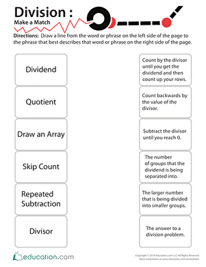 Division: Make a Match worksheet for understanding division concepts and vocabulary Worksheet featuring a matching exercise on key division terms for third graders