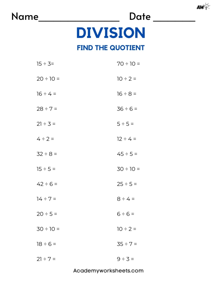 Subtraction worksheet for Third Grade Worksheet featuring a word-matching exercise for third graders on key division terms. Division: Make a Match worksheet for reviewing dividend, quotient, and other concepts.