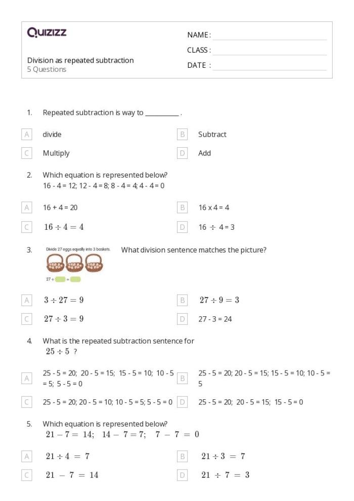 Division repeated subtraction exercise for third graders part two, image 7 Third grade worksheet showing division through repeated subtraction practice