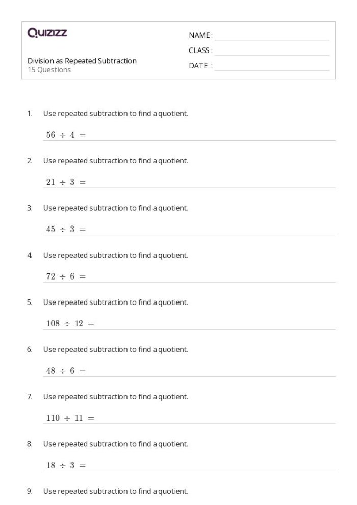 Division Repeated Subtraction Practice Sheet Part Two for Third Graders Third grade worksheet focusing on division through repeated subtraction exercises