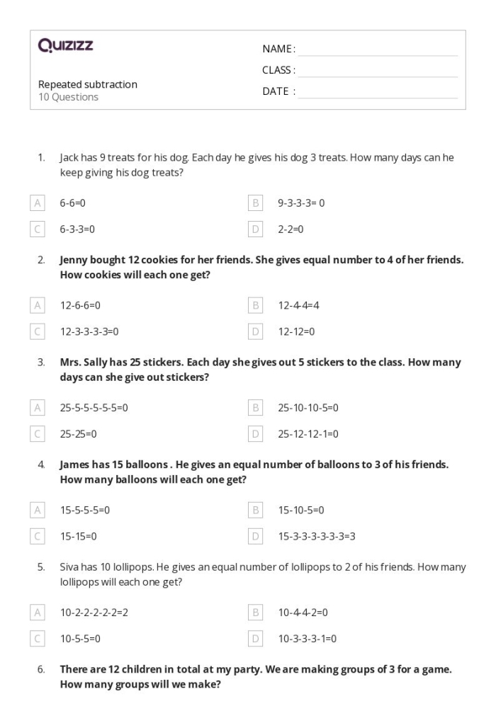 Division practice worksheet part two focusing on repeated subtraction for third graders Third grade worksheet showing division through repeated subtraction exercises for kids