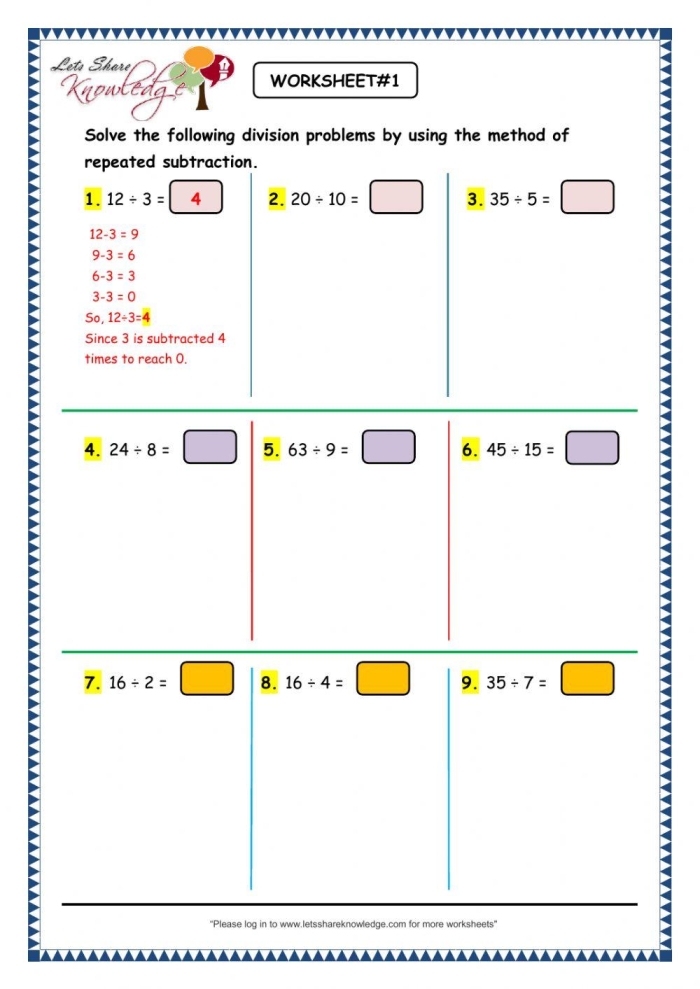 Division Repeated Subtraction Practice Sheet for Third Grade Students Part Two Third grade worksheet focused on division using repeated subtraction with colorful examples