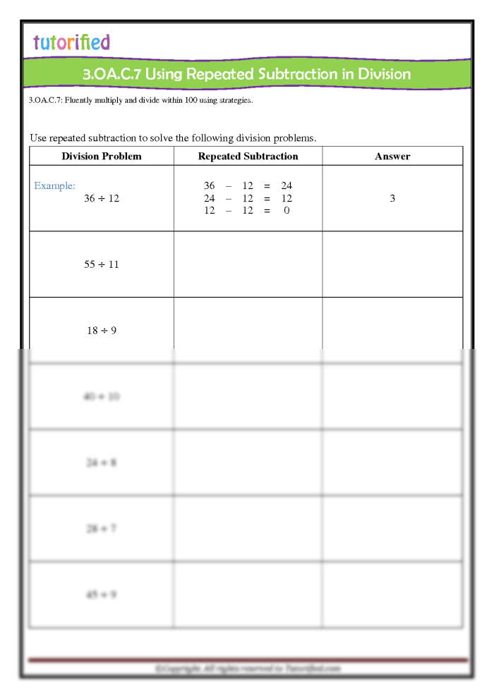 Division: Repeated Subtraction worksheet part two for kids practicing third grade math skills Third grade worksheet showing division problems solved through repeated subtraction
