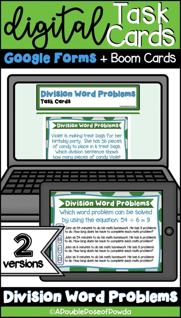 Division word problem cards worksheet for fourth grade students to enhance their skills. Engaging resources for practicing division through word problems.