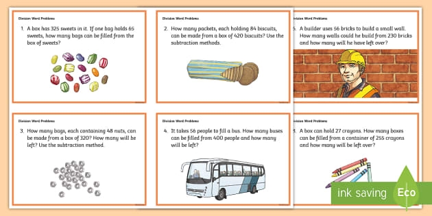 Division Word Problem Cards for fourth graders to enhance their math skills