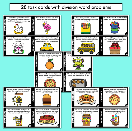 Division word problem cards designed for fourth-grade students to enhance their skills. Engaging worksheet for practicing division through real-life scenarios.