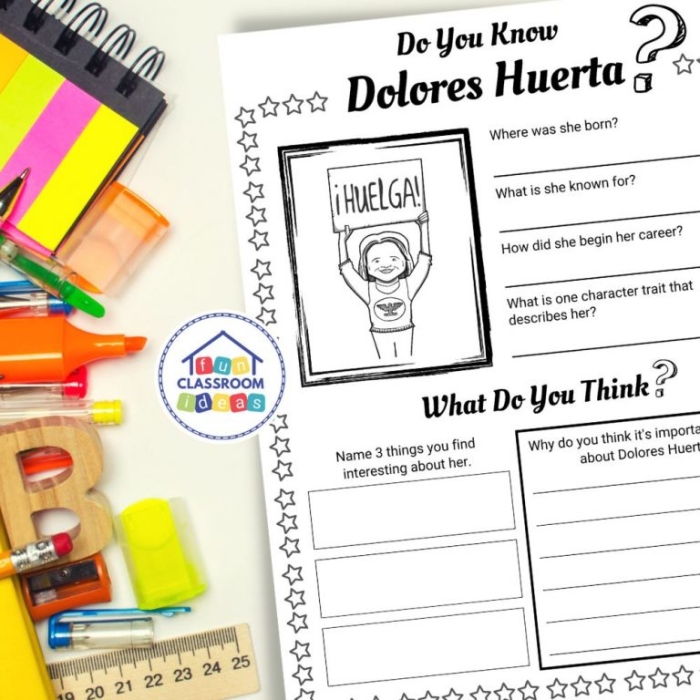 Dolores Huerta coloring page worksheet featuring a portrait for second grade physical science
