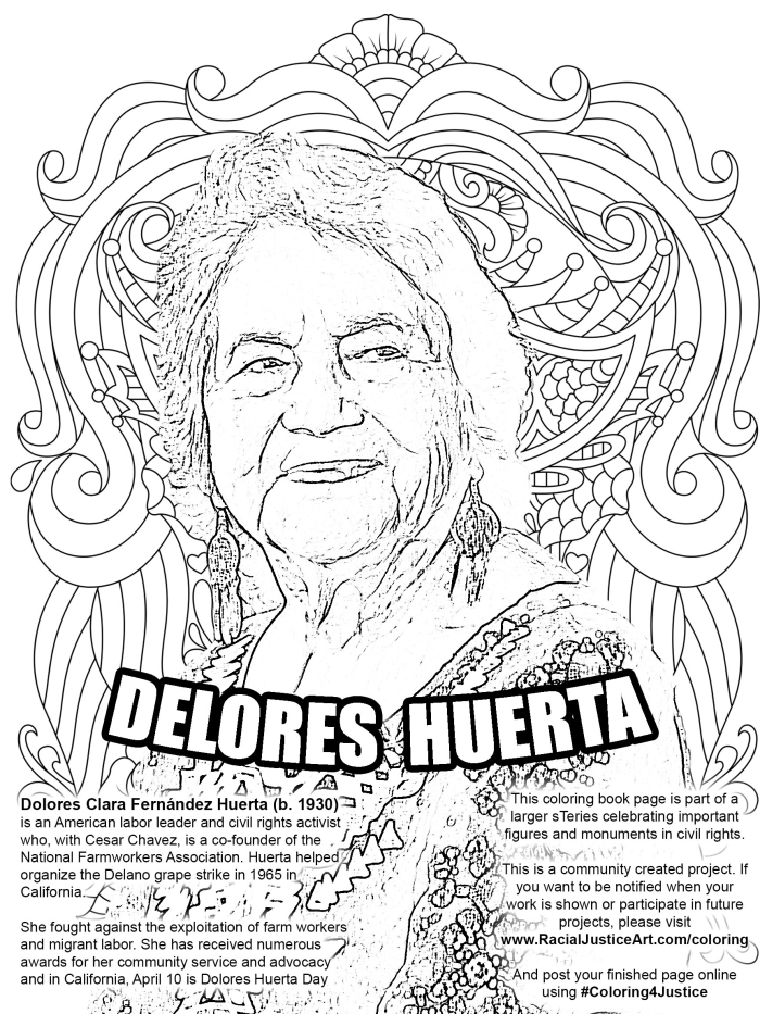 Dolores Huerta coloring worksheet for second grade physical science students