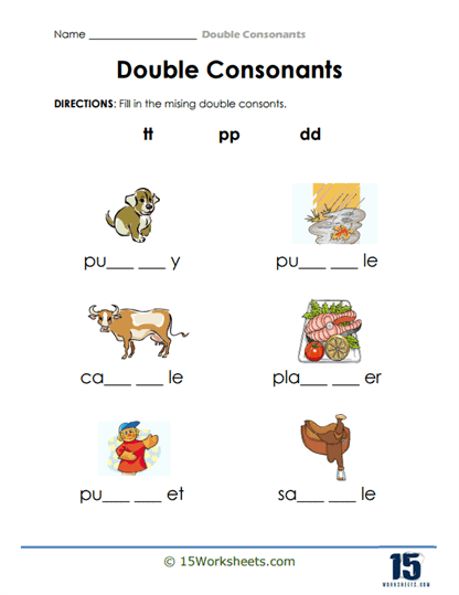 Second grade students practicing the double consonant rule by adding -ed to action verbs like hop, stop, and skip