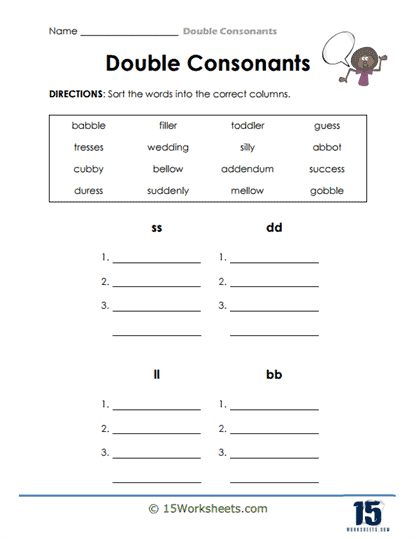 Second grade students practicing the double consonant rule by adding -ed to verbs like hop and stop to form past tense words on a spelling worksheet