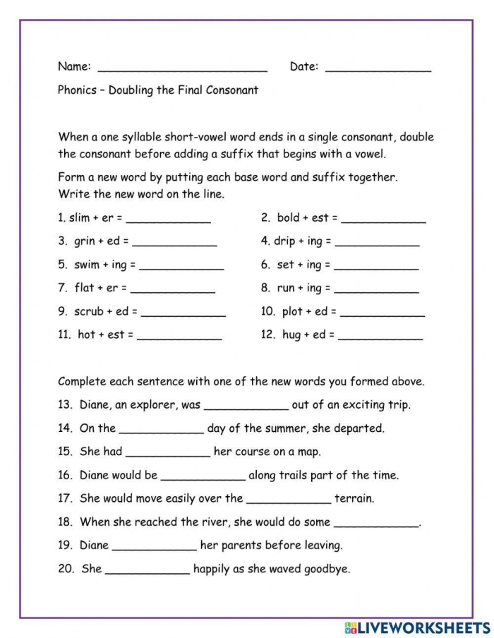 Second grade students practicing the double consonant rule by adding -ed to verb words like hop, hopped and stop, stopped on worksheet 18
