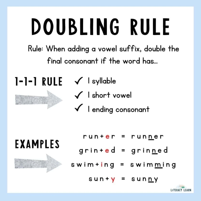 Second grade worksheet showing double consonant rule practice for past tense verbs with examples like hopped and stopped