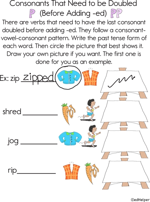 Second grade worksheet showing the double consonant rule for verb spelling patterns with examples like hopped and stopped