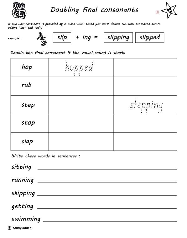 Second grade students practicing double consonant spelling rules by writing past tense verb forms like hopped and stopped on a worksheet exercise