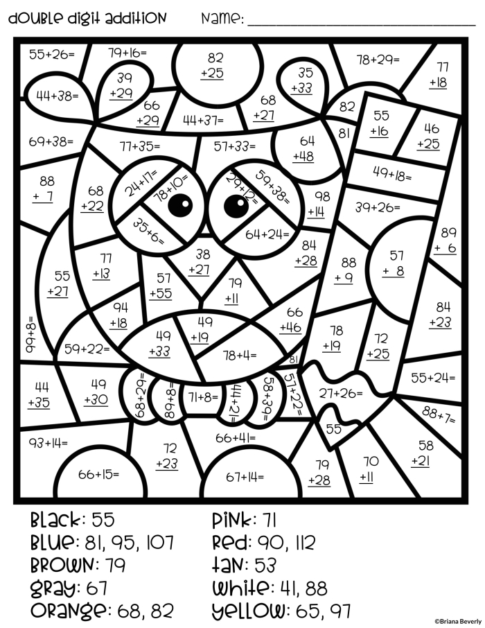 Colorful worksheet for second graders featuring double-digit addition in an art gallery theme