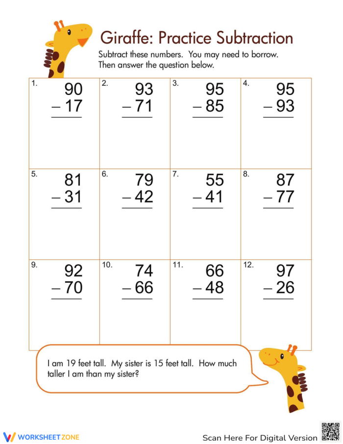 Giraffe Jam! Worksheet for practicing double digit subtraction and word problems Double Digit Subtraction worksheet featuring a fun giraffe theme for second graders