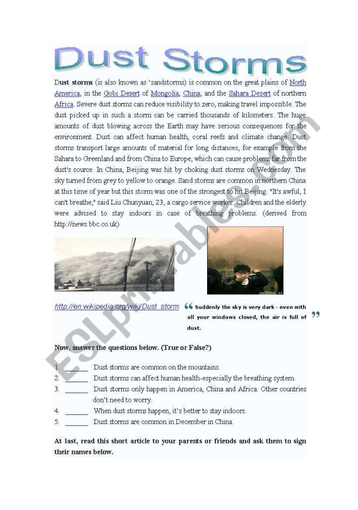 Educational worksheet on dust storms, perfect for enhancing reading skills and knowledge Dust Storms worksheet for fourth graders exploring the impact and formation of dust storms