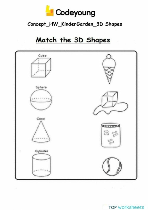 Kindergarteners matching and coloring various 3D shapes on a worksheet for early geometry skills